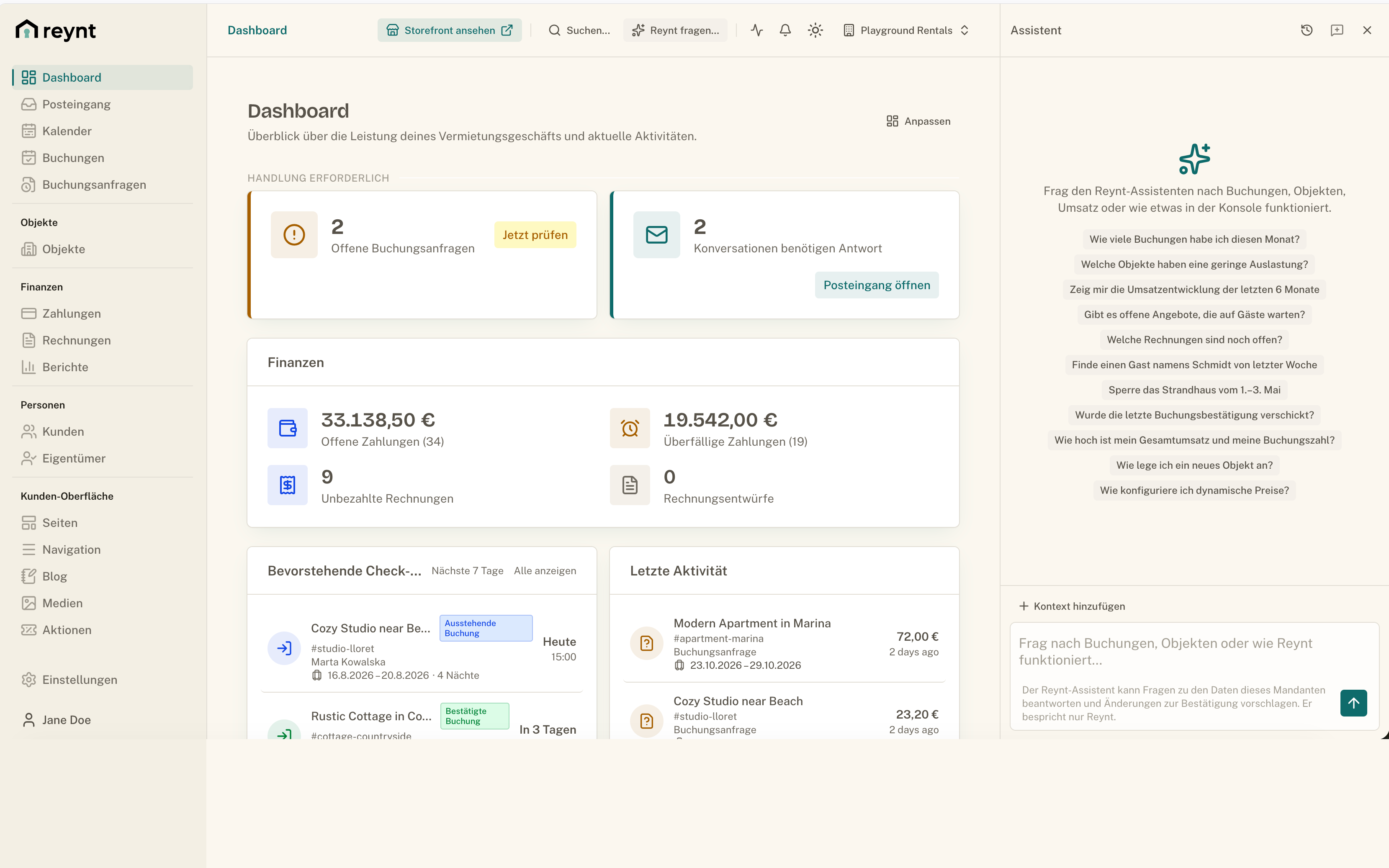 Reynt-Assistent neben dem Dashboard in der Konsole