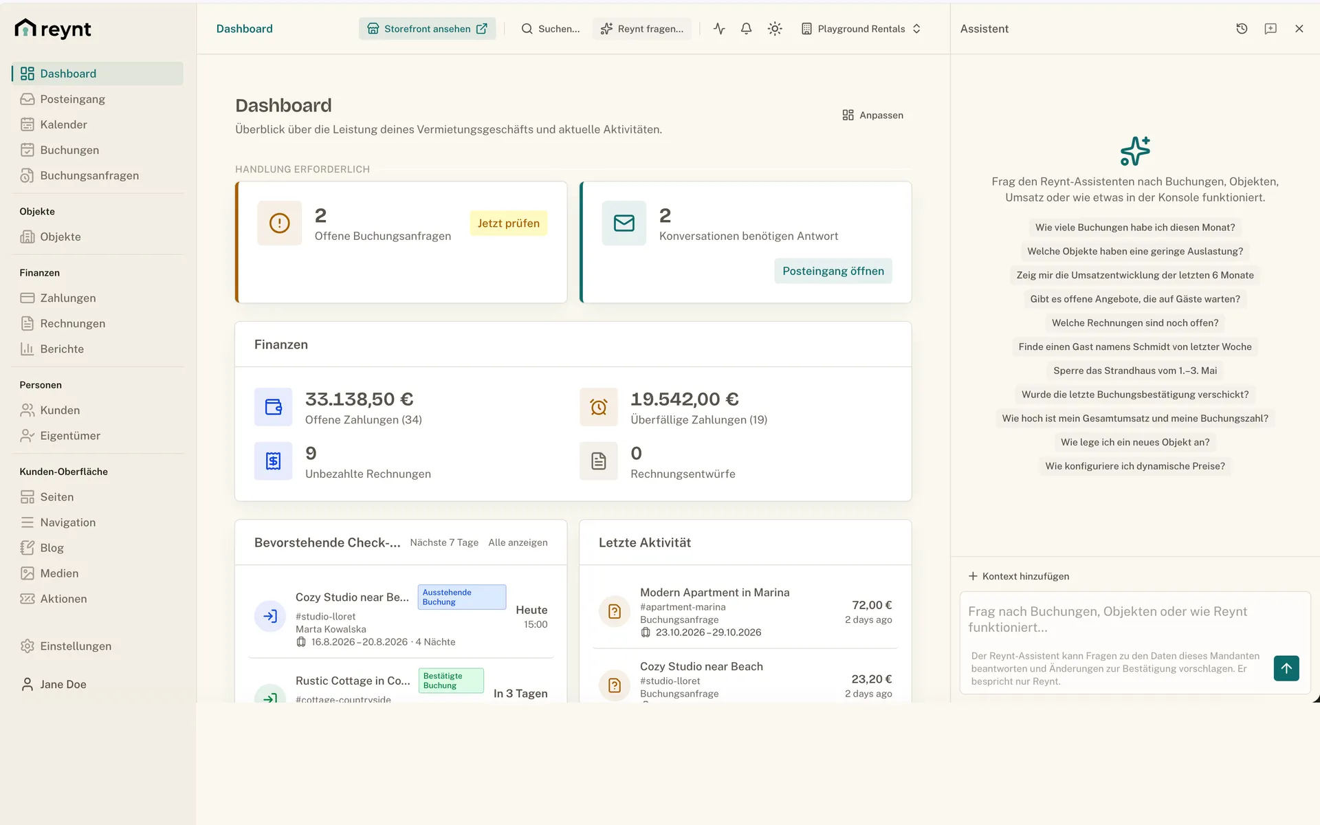 Reynt-Assistent neben dem Dashboard in der Konsole