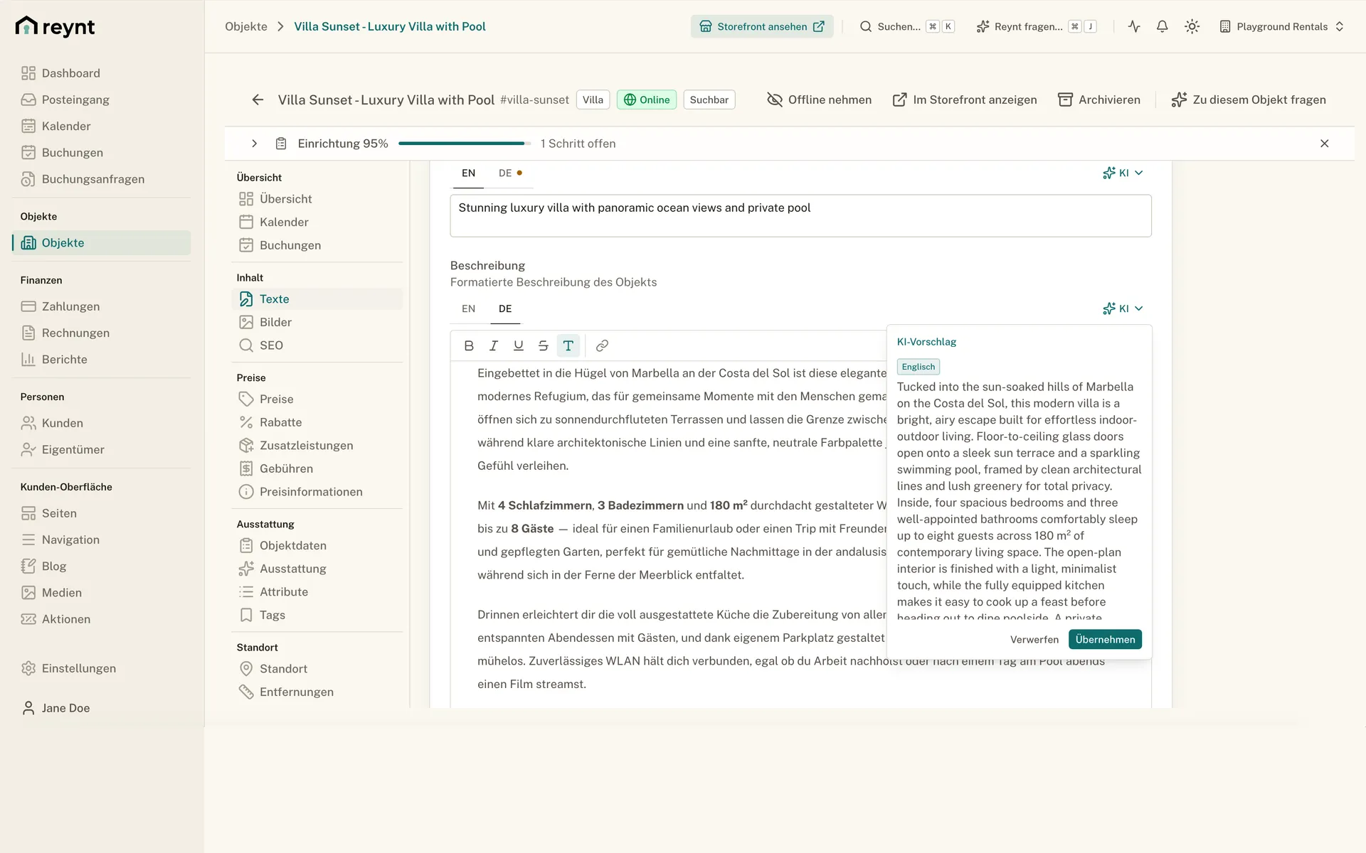 KI-Vorschlag für den Objekttext in Reynt