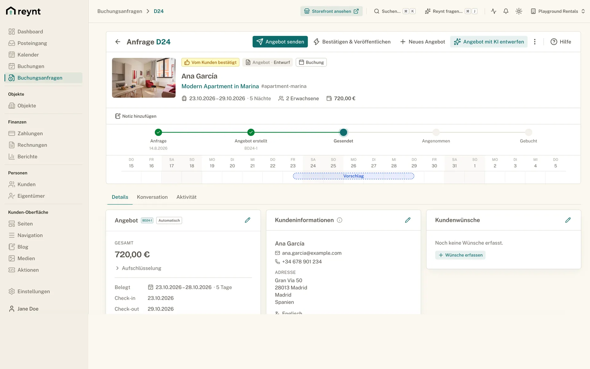 Buchungsanfrage mit Angebot im Reynt-Backoffice