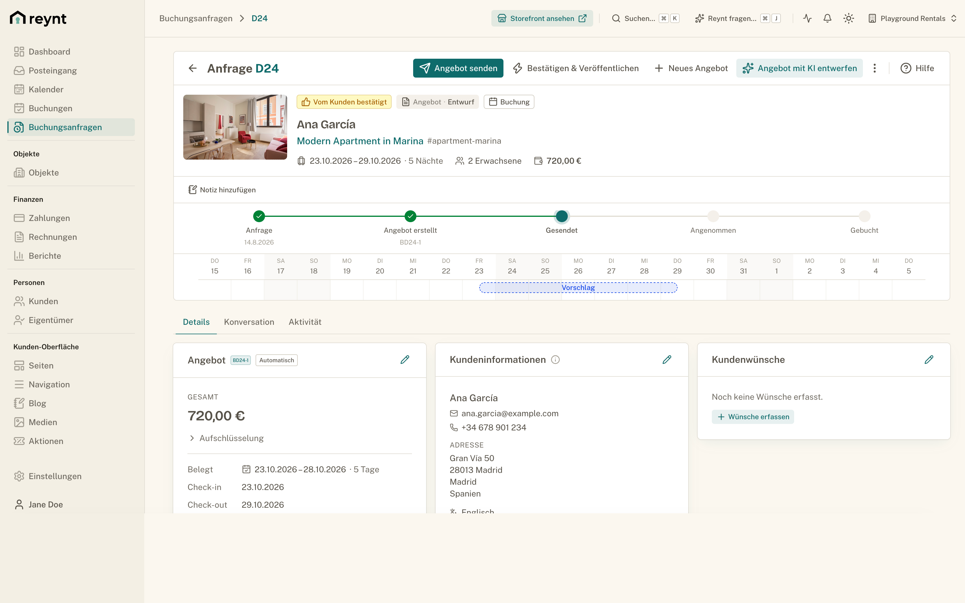 Buchungsanfrage mit Angebot im Reynt-Backoffice