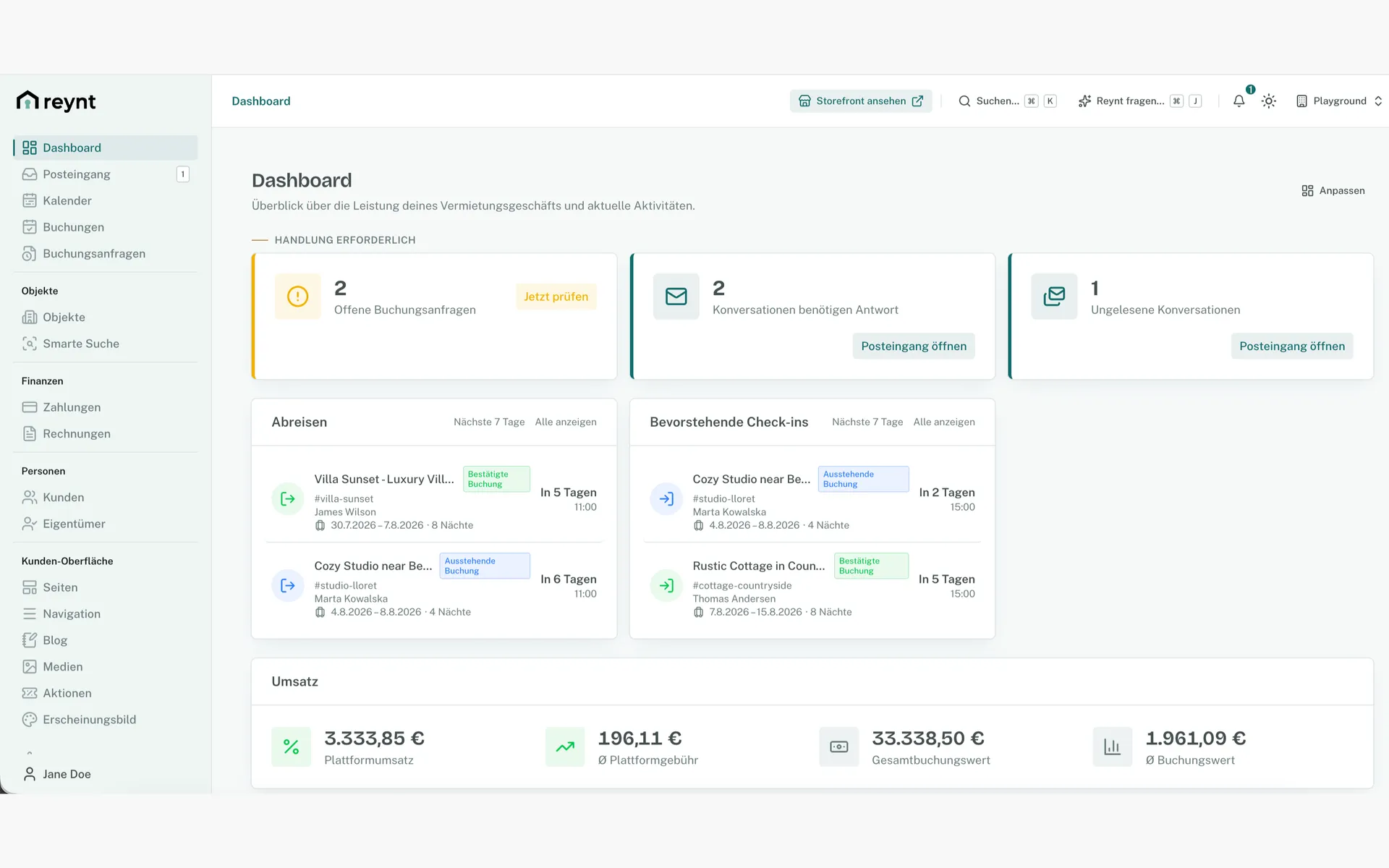 Dashboard im Reynt-Backoffice
