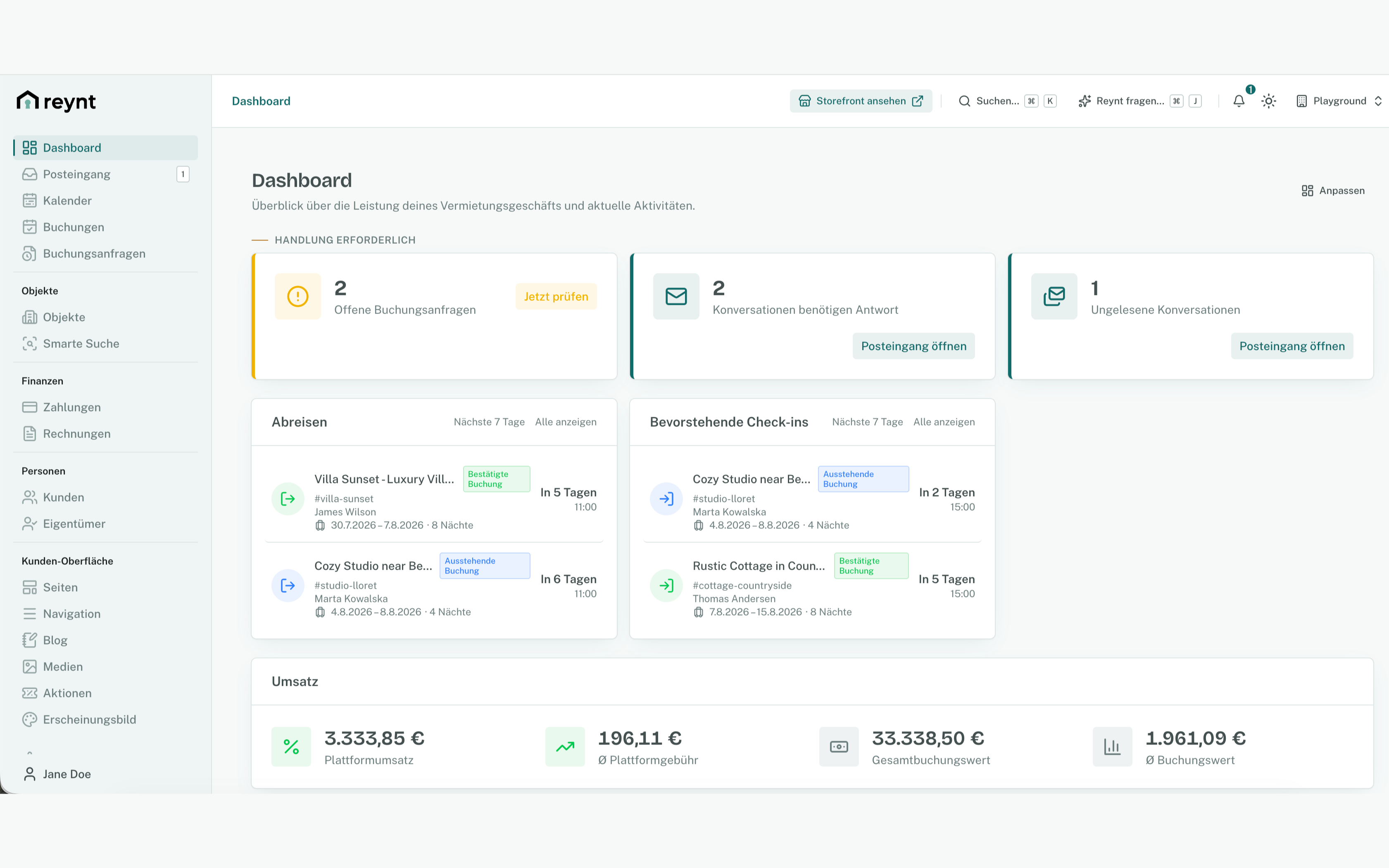 Dashboard im Reynt-Backoffice