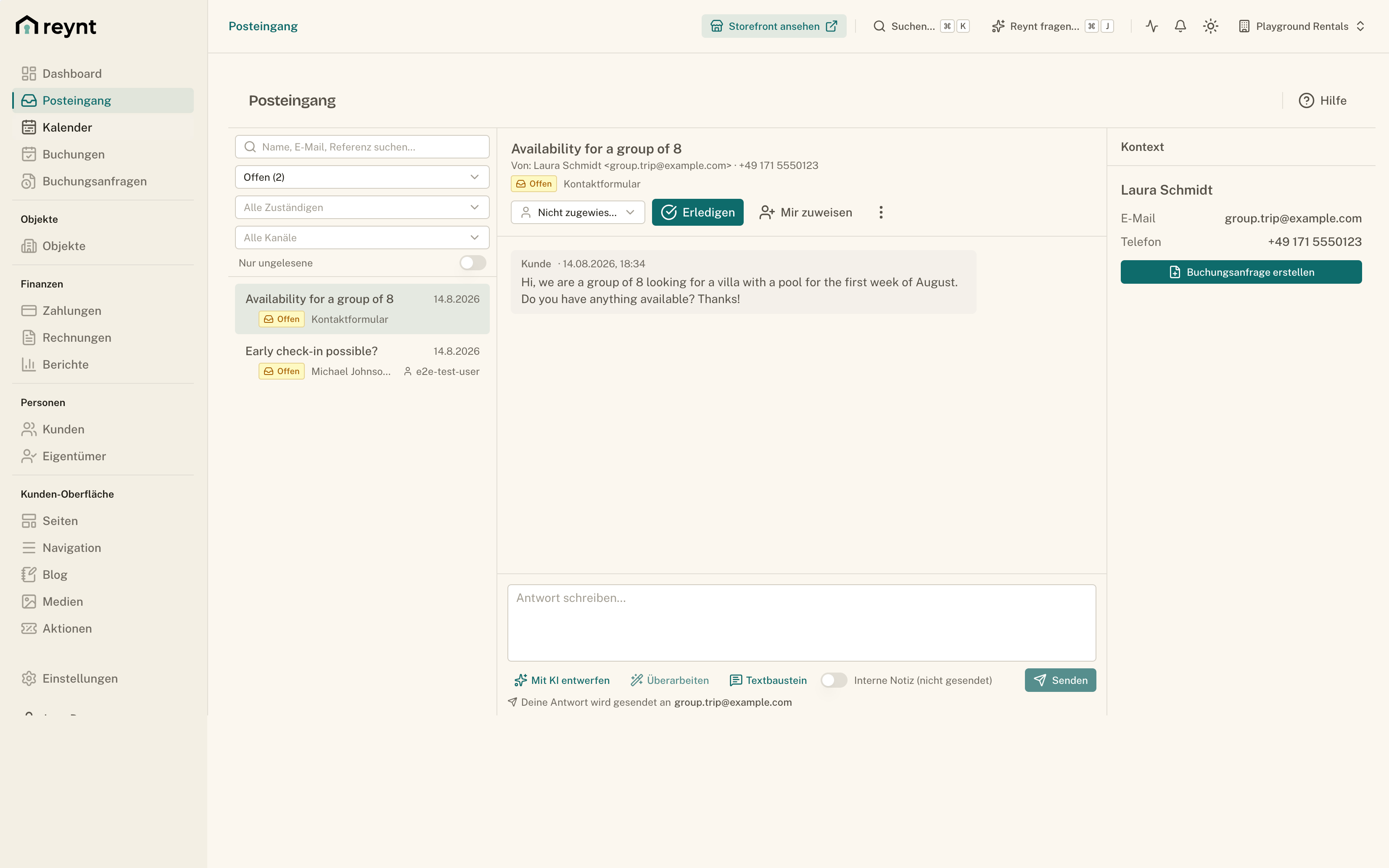 Posteingang im Reynt-Backoffice