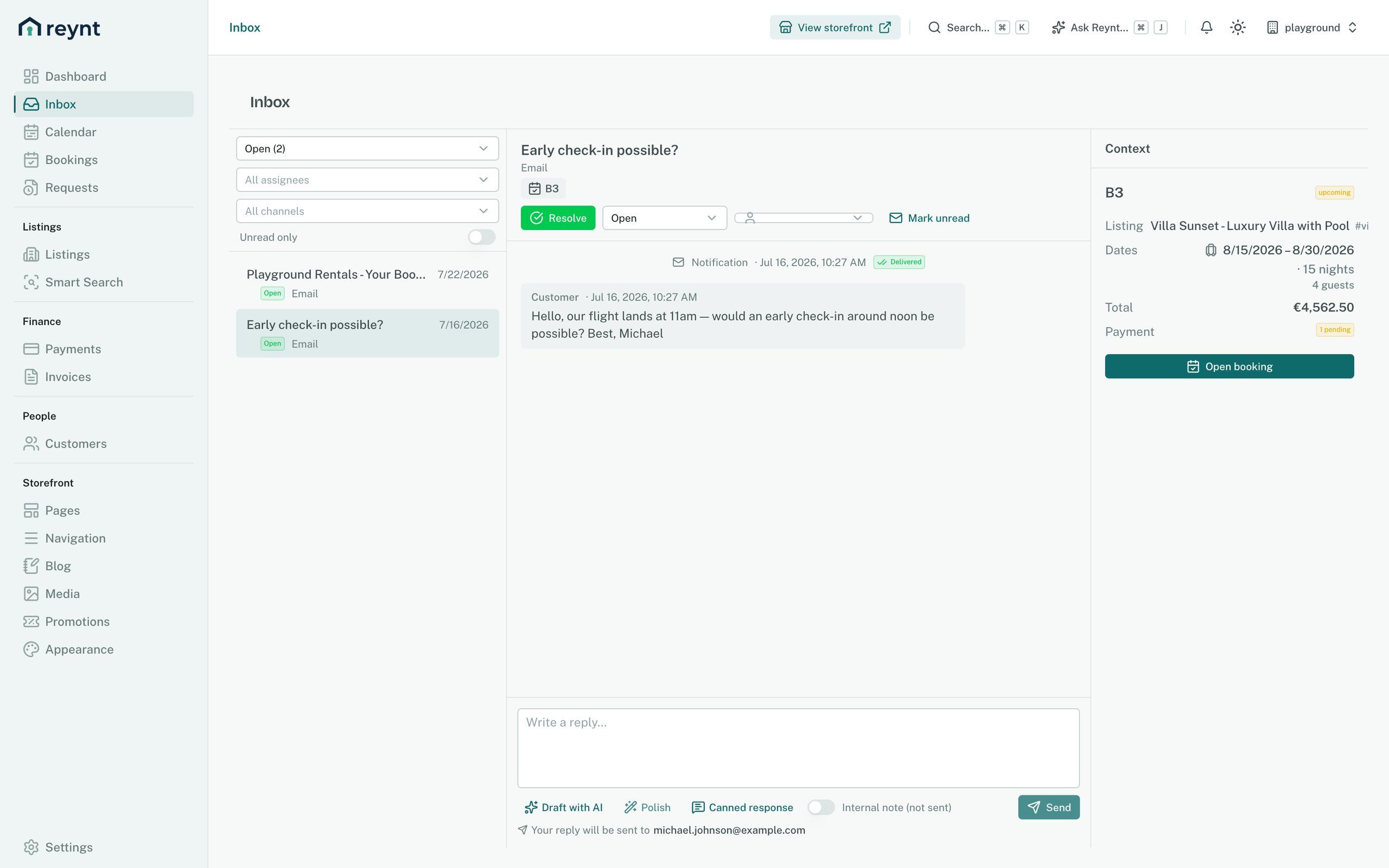 Booking inbox in the Reynt back office