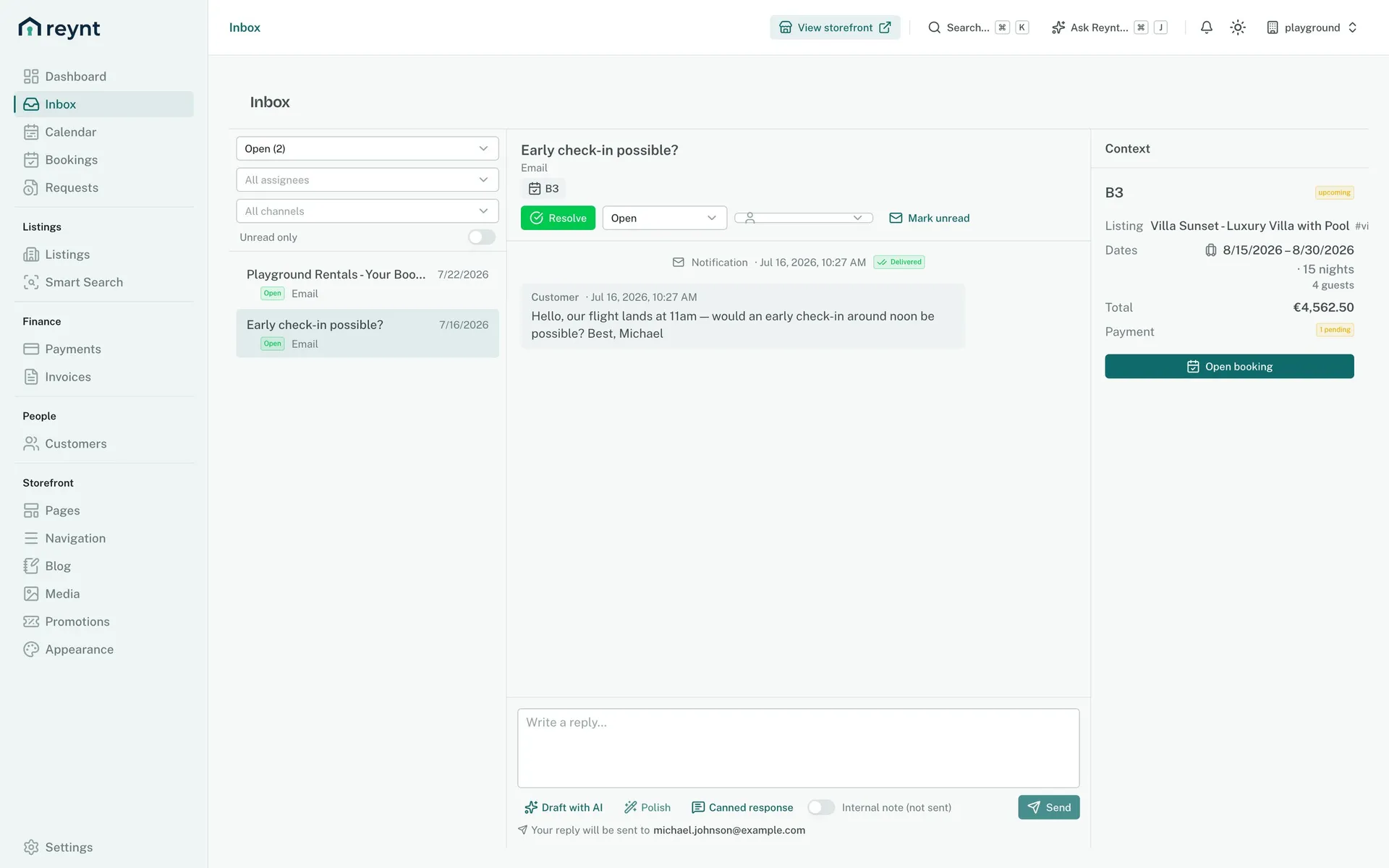 Booking inbox in the Reynt back office