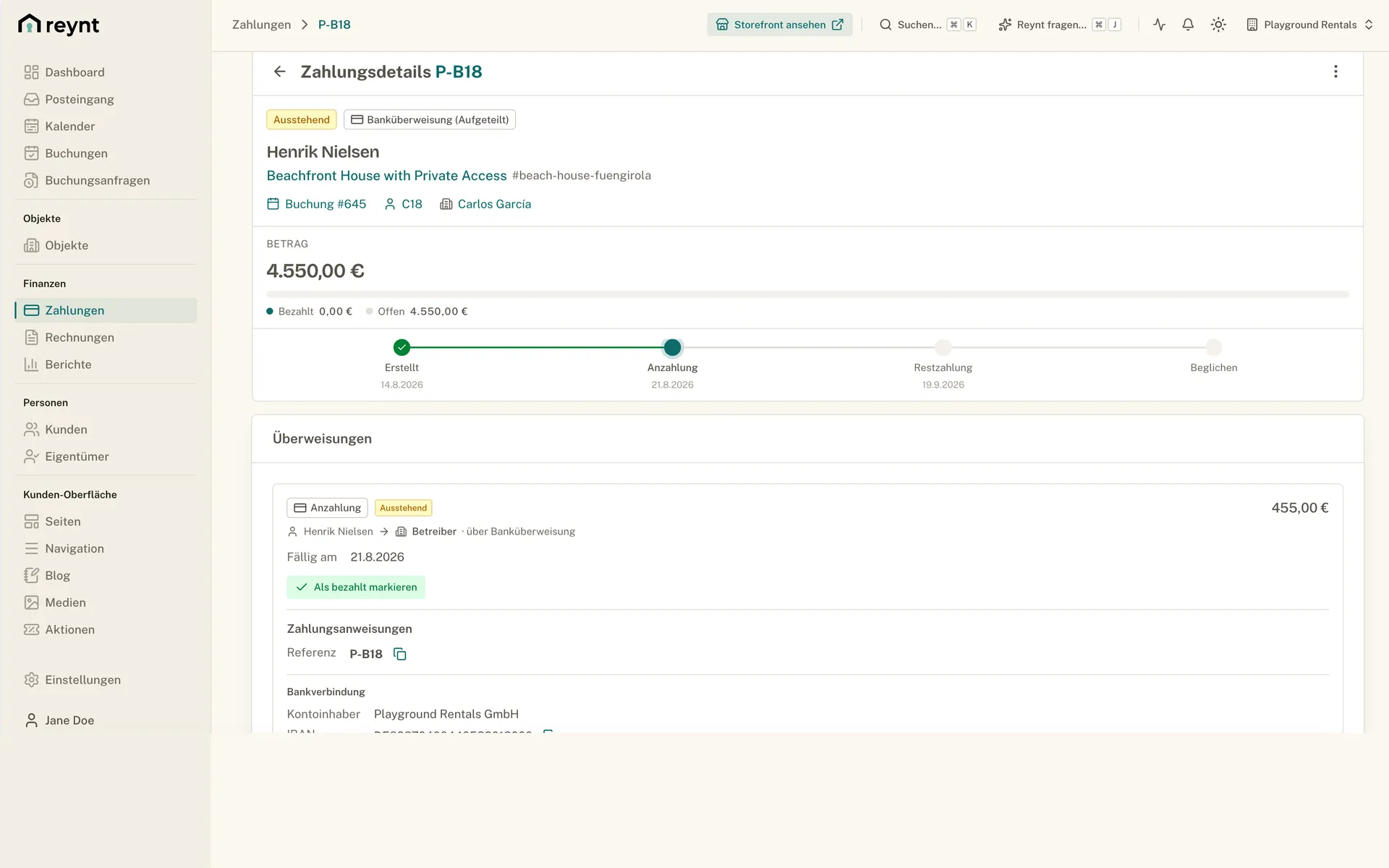 Zahlungsdetails mit Zahlungsplan im Reynt-Backoffice