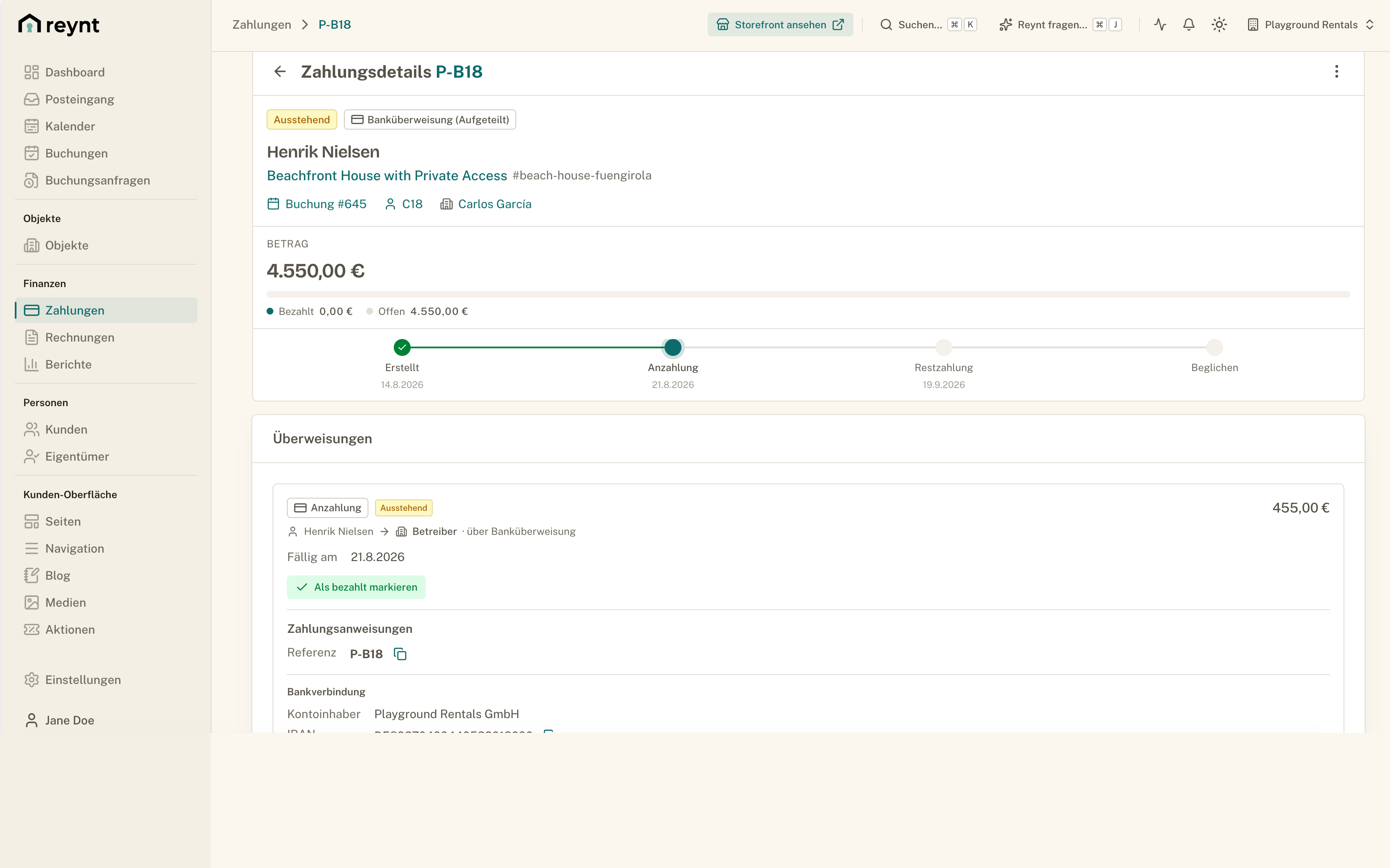 Zahlungsdetails mit Zahlungsplan im Reynt-Backoffice