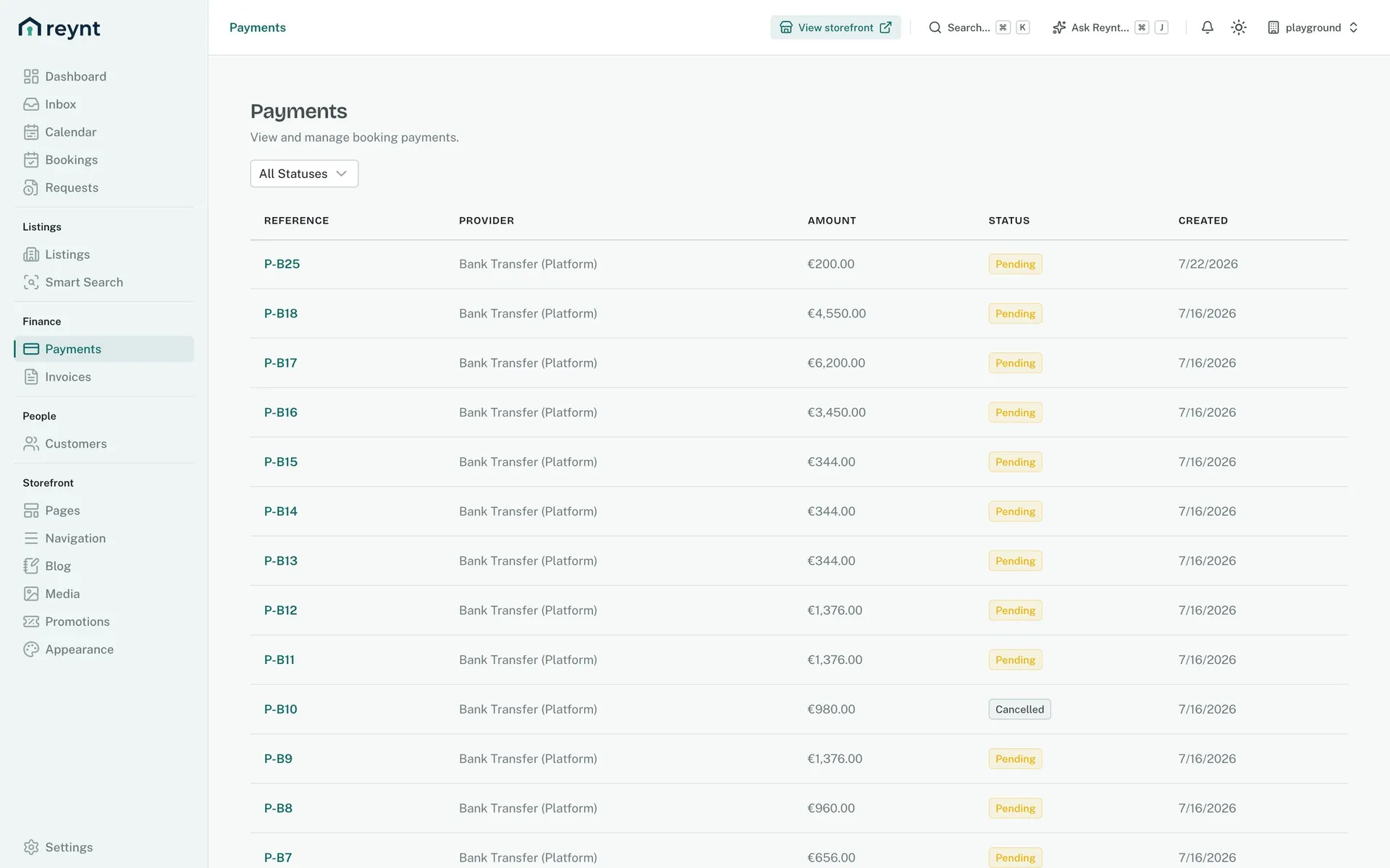 Payments overview in the Reynt back office