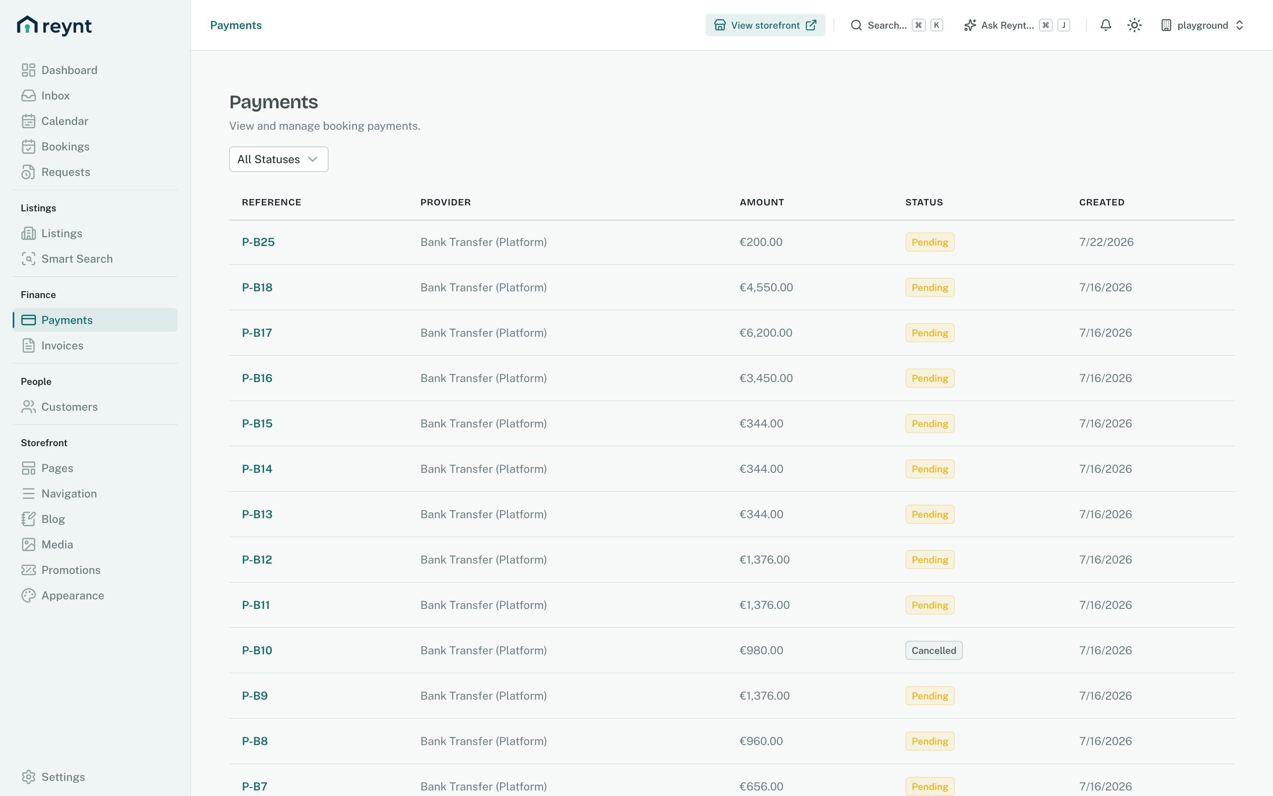 Payments overview in the Reynt back office